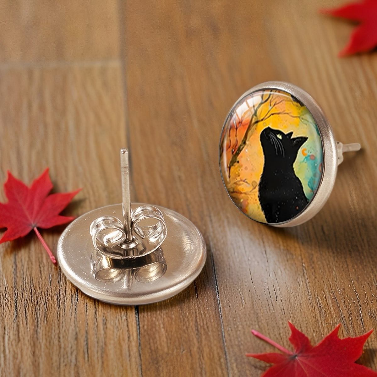 Autumn Tree Black Cat Stud Earrings