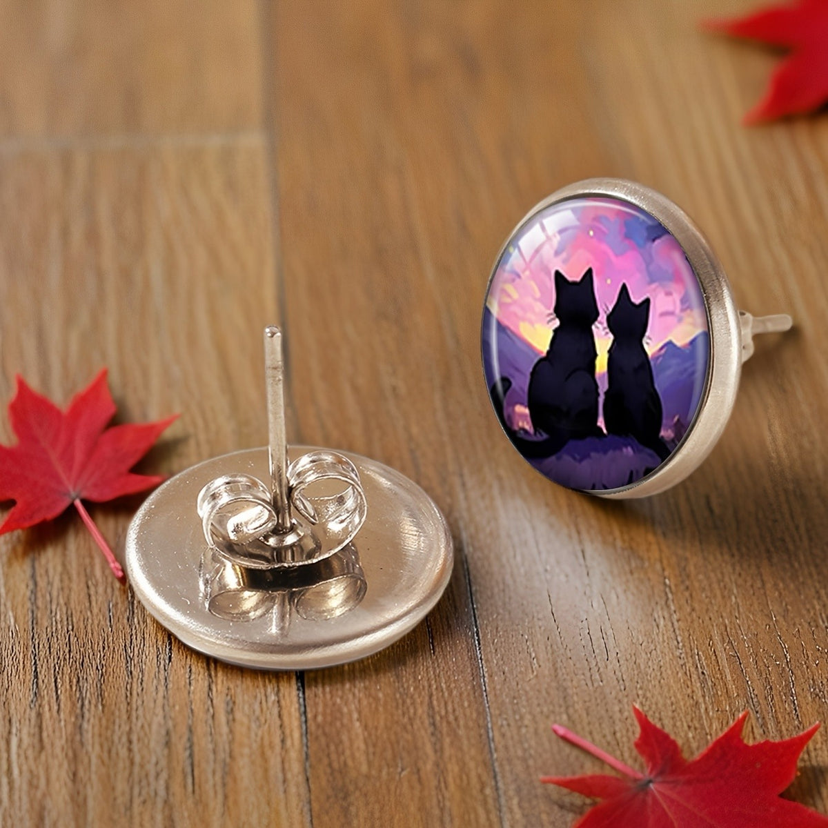 Sunset Cat Silhouette Stud Earrings