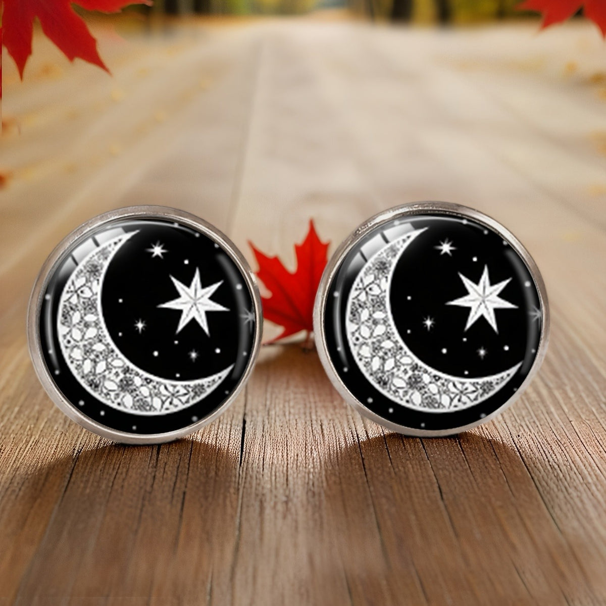 Black Moon & Star Disc Stud Earrings
