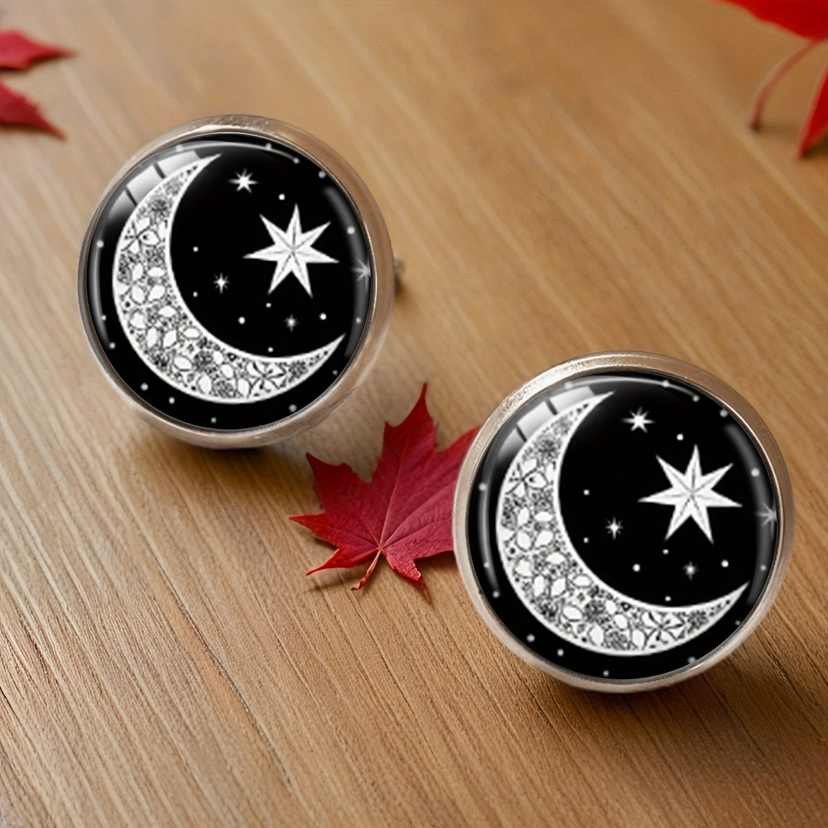 Black Moon & Star Disc Stud Earrings