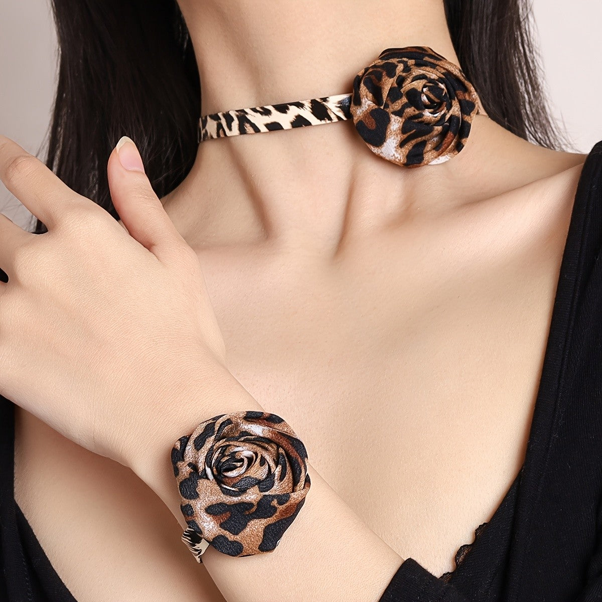 Leopard Print Flower Choker & Bracelet Set