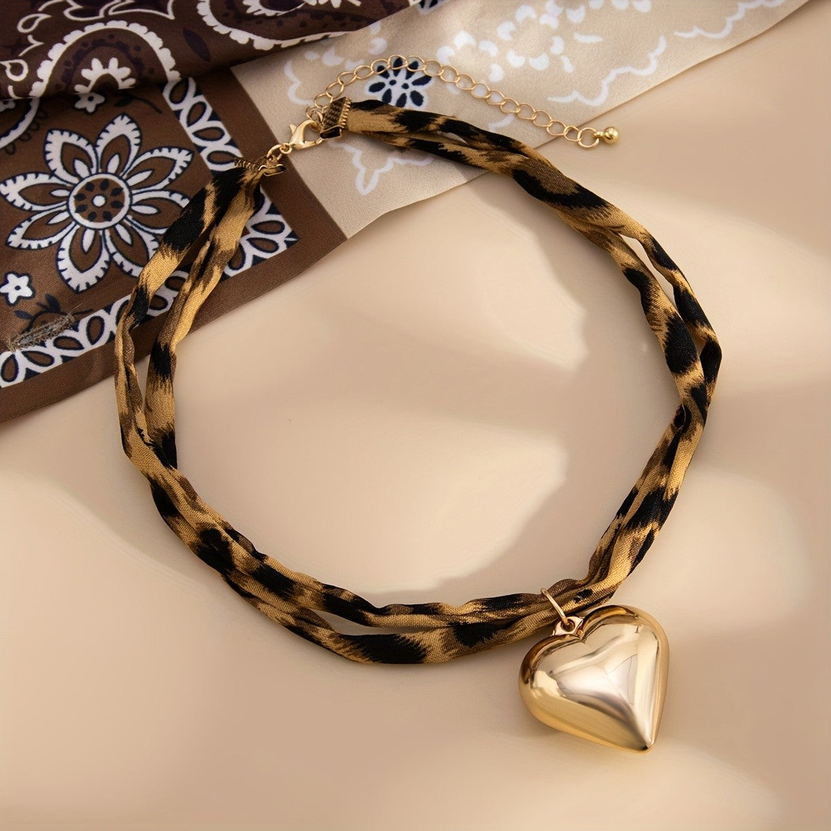Leopard Print Scarf Heart Pendant