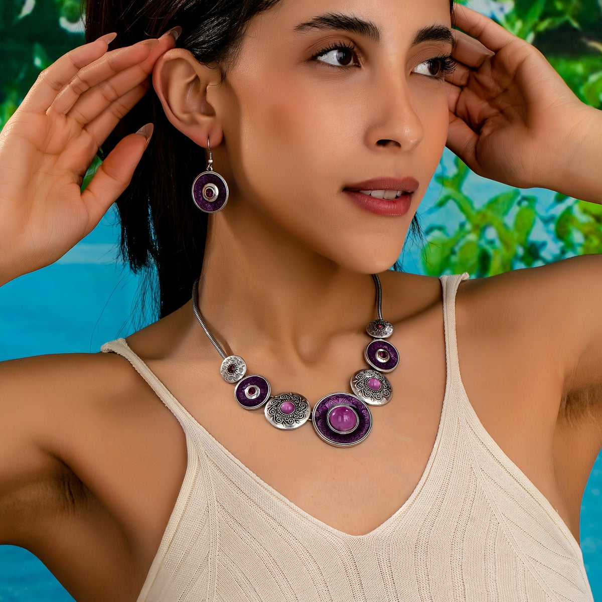 Purple Medallion Necklace & Earring Set