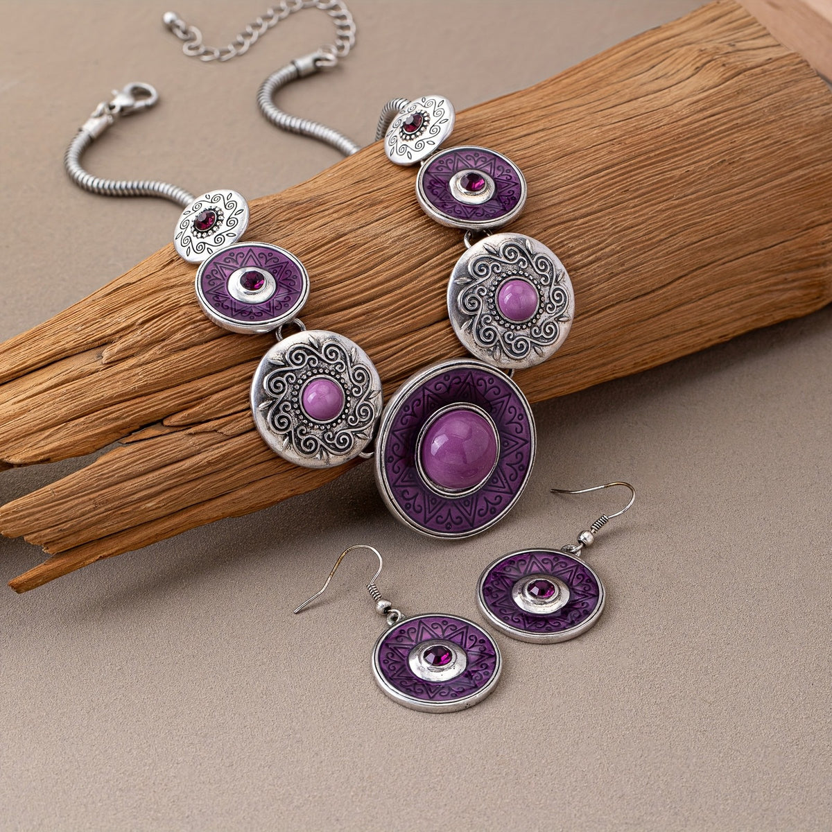 Purple Medallion Necklace & Earring Set