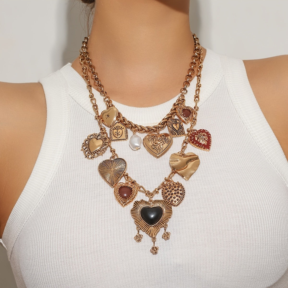 Mixed Textured Heart Layered Necklace