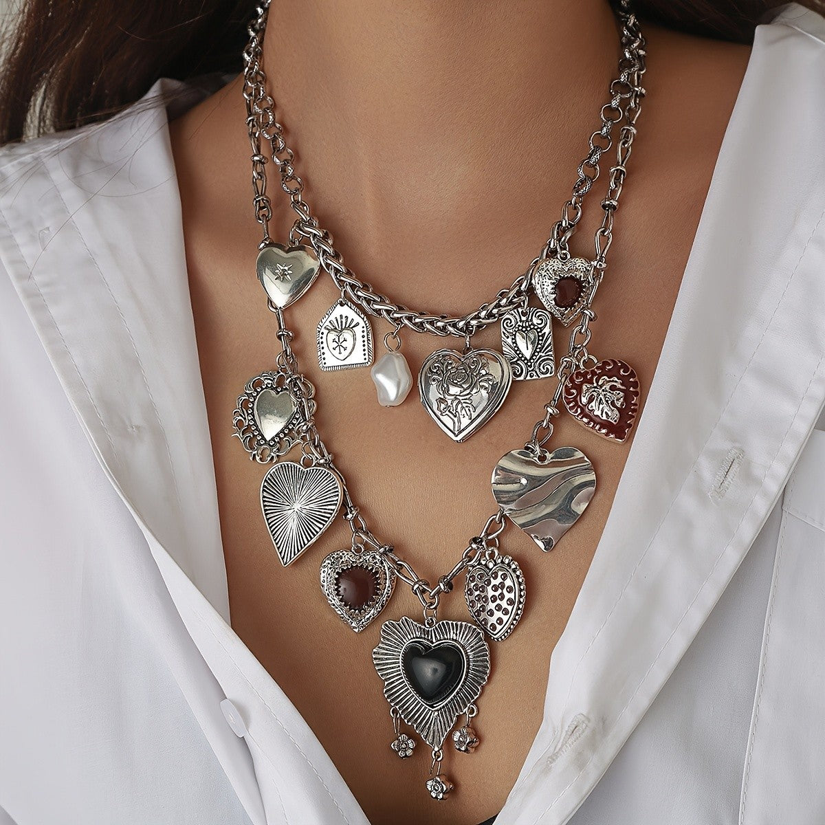 Mixed Textured Heart Layered Necklace