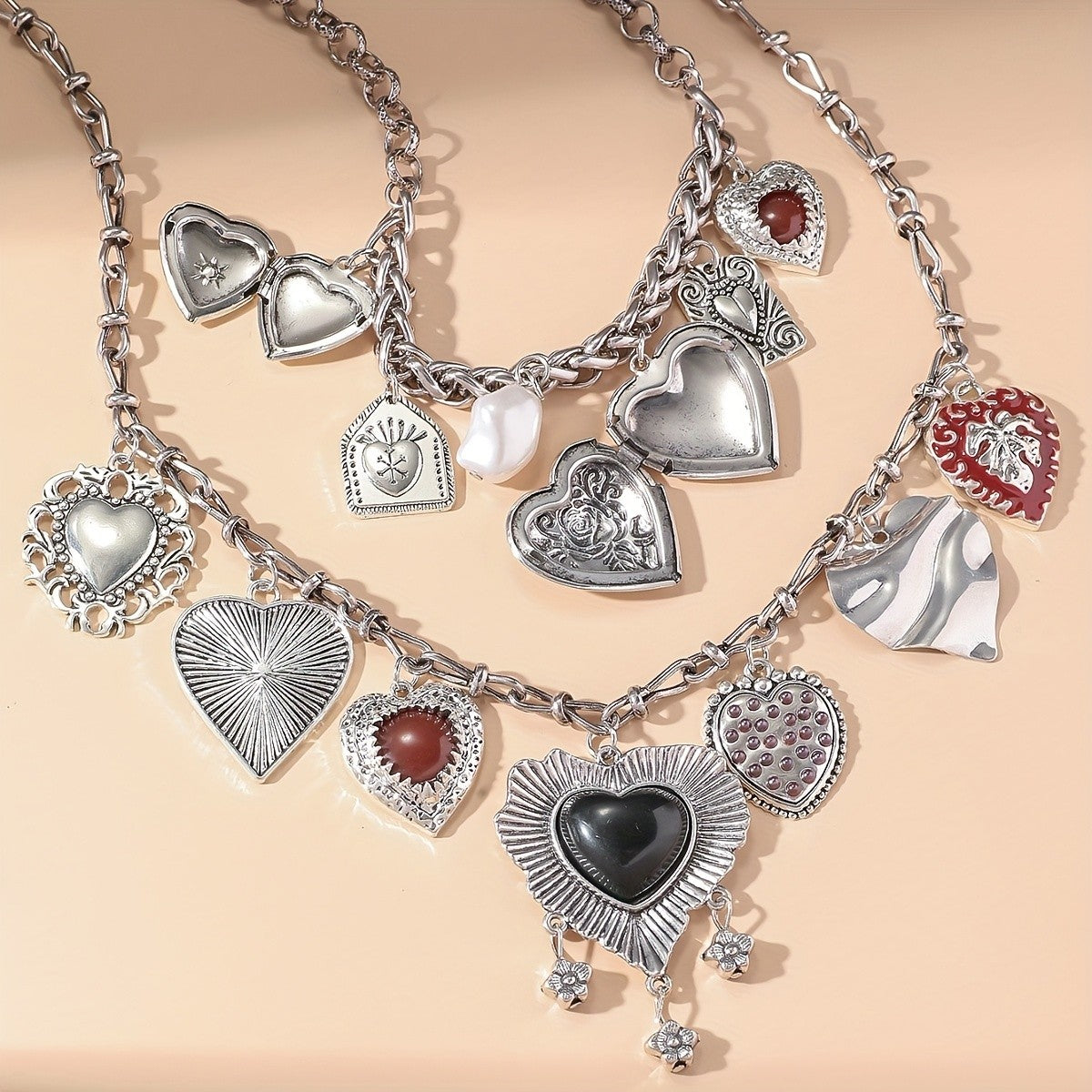 Mixed Textured Heart Layered Necklace