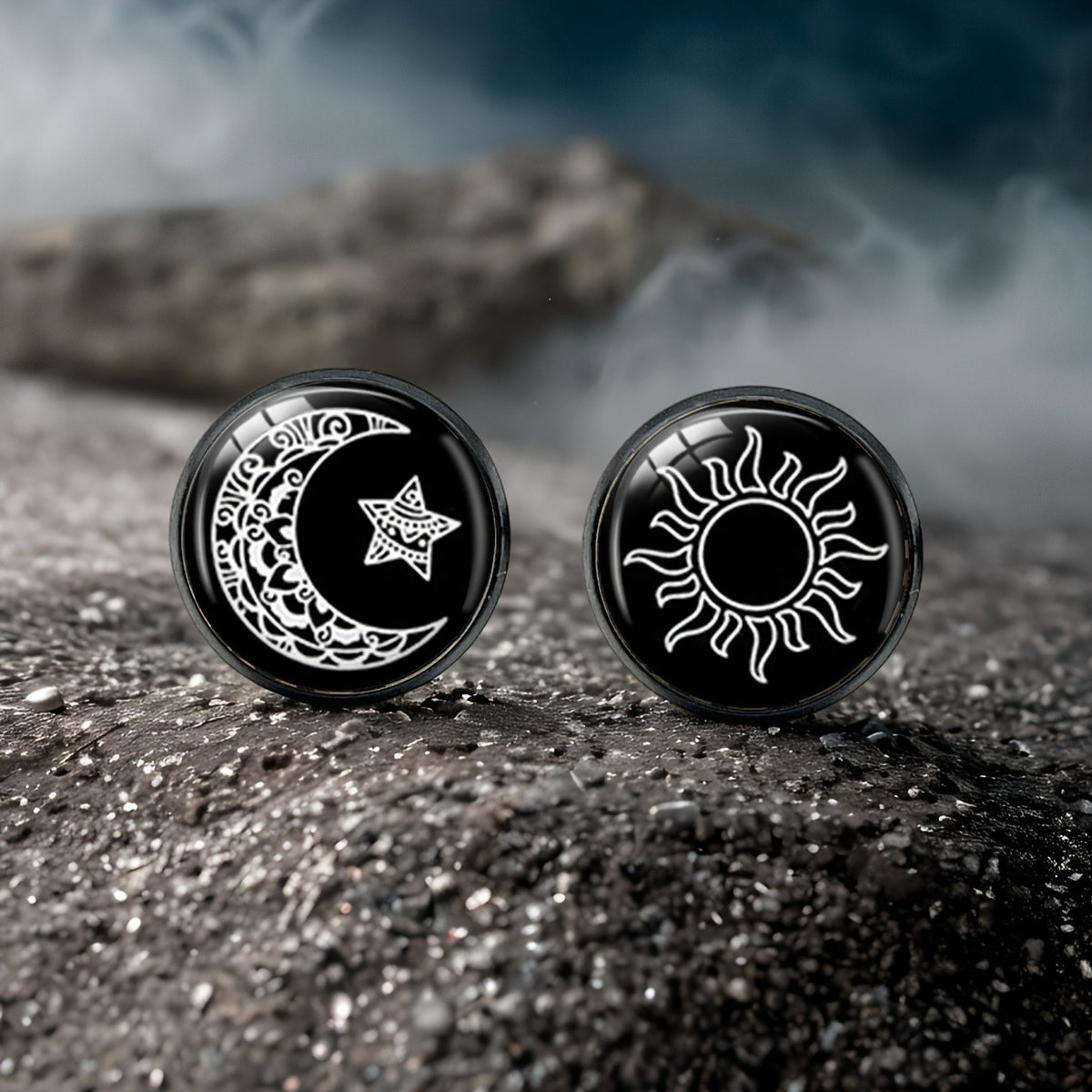 Ornate Moon & Sun Stud Earrings