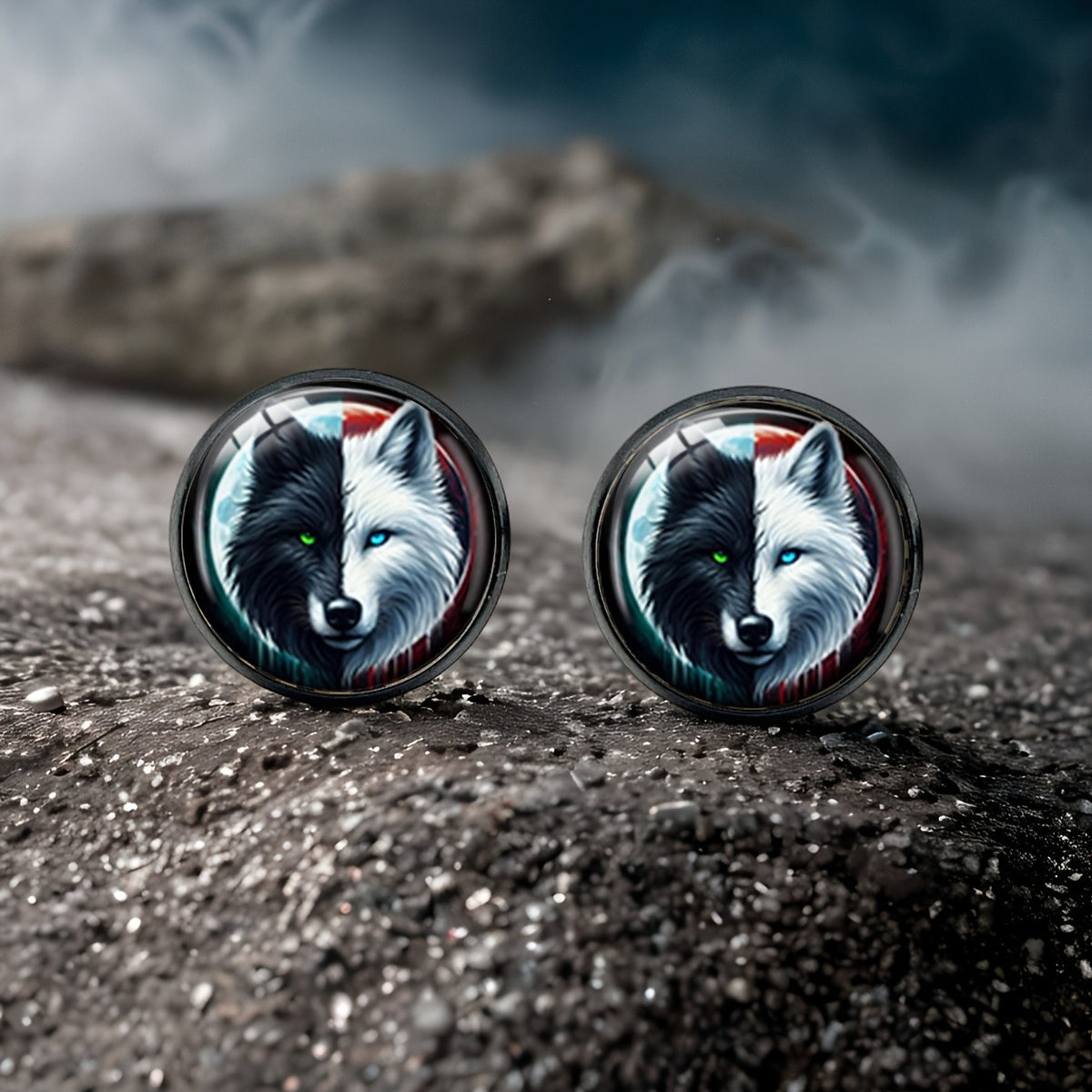Yin Yang Wolf Stud Earrings