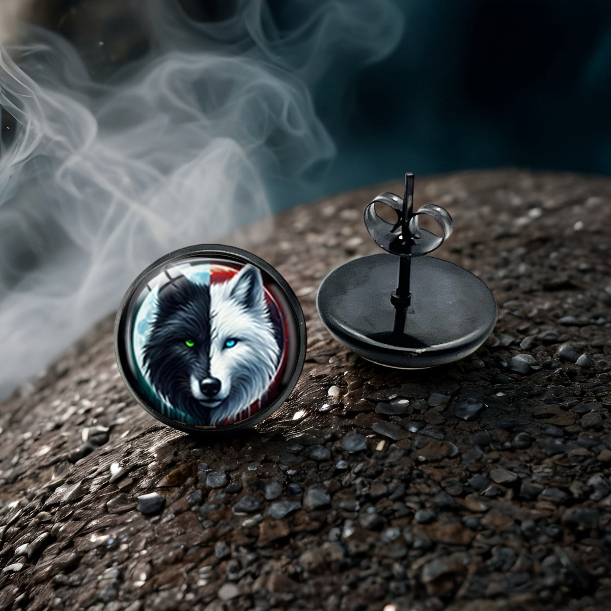 Yin Yang Wolf Stud Earrings