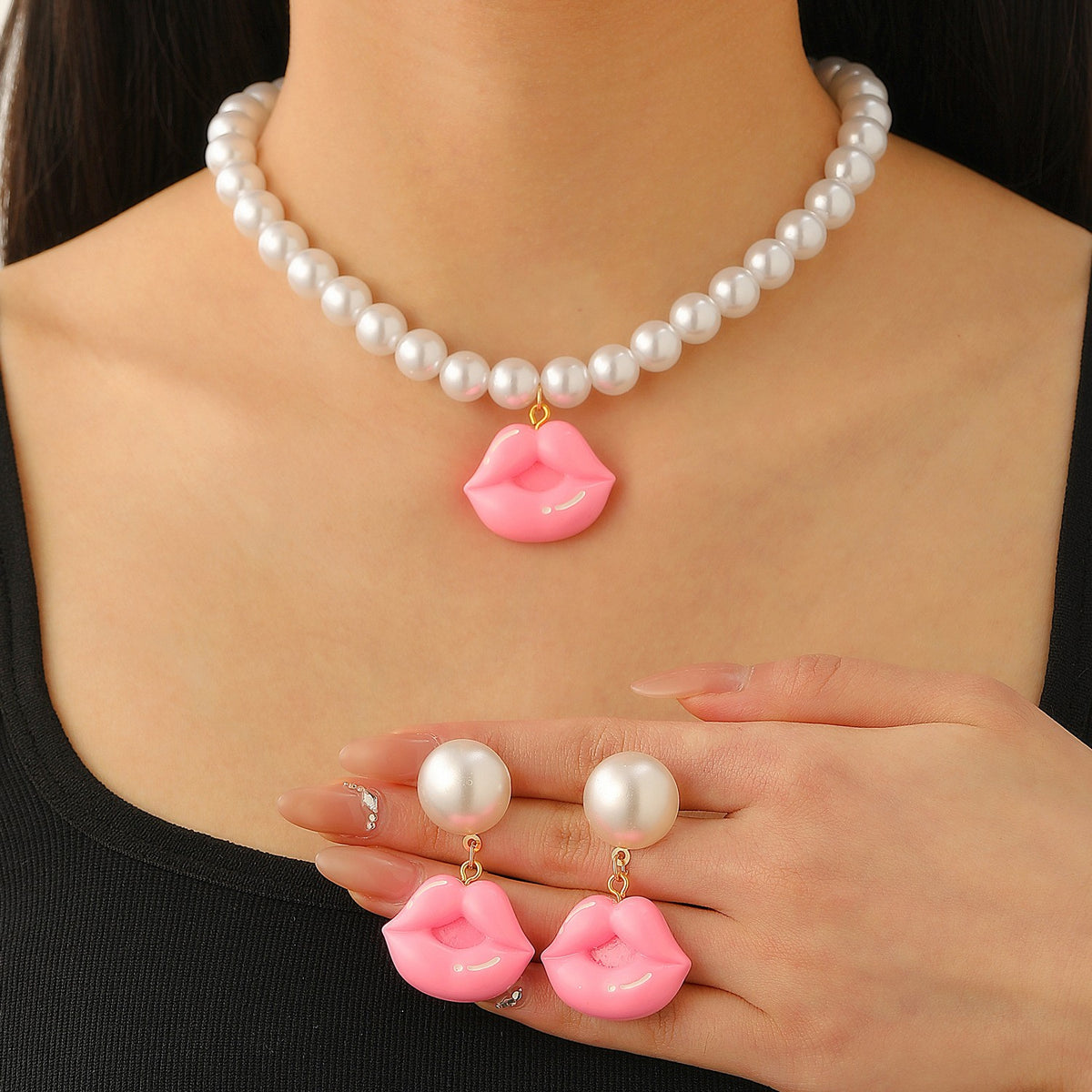 Pink Lips Pearl Necklace & Earring Set