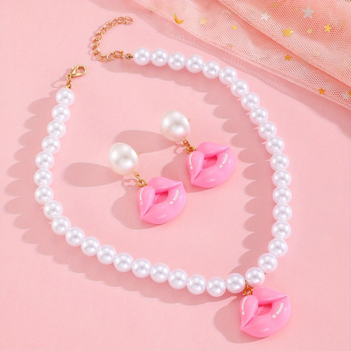 Pink Lips Pearl Necklace & Earring Set