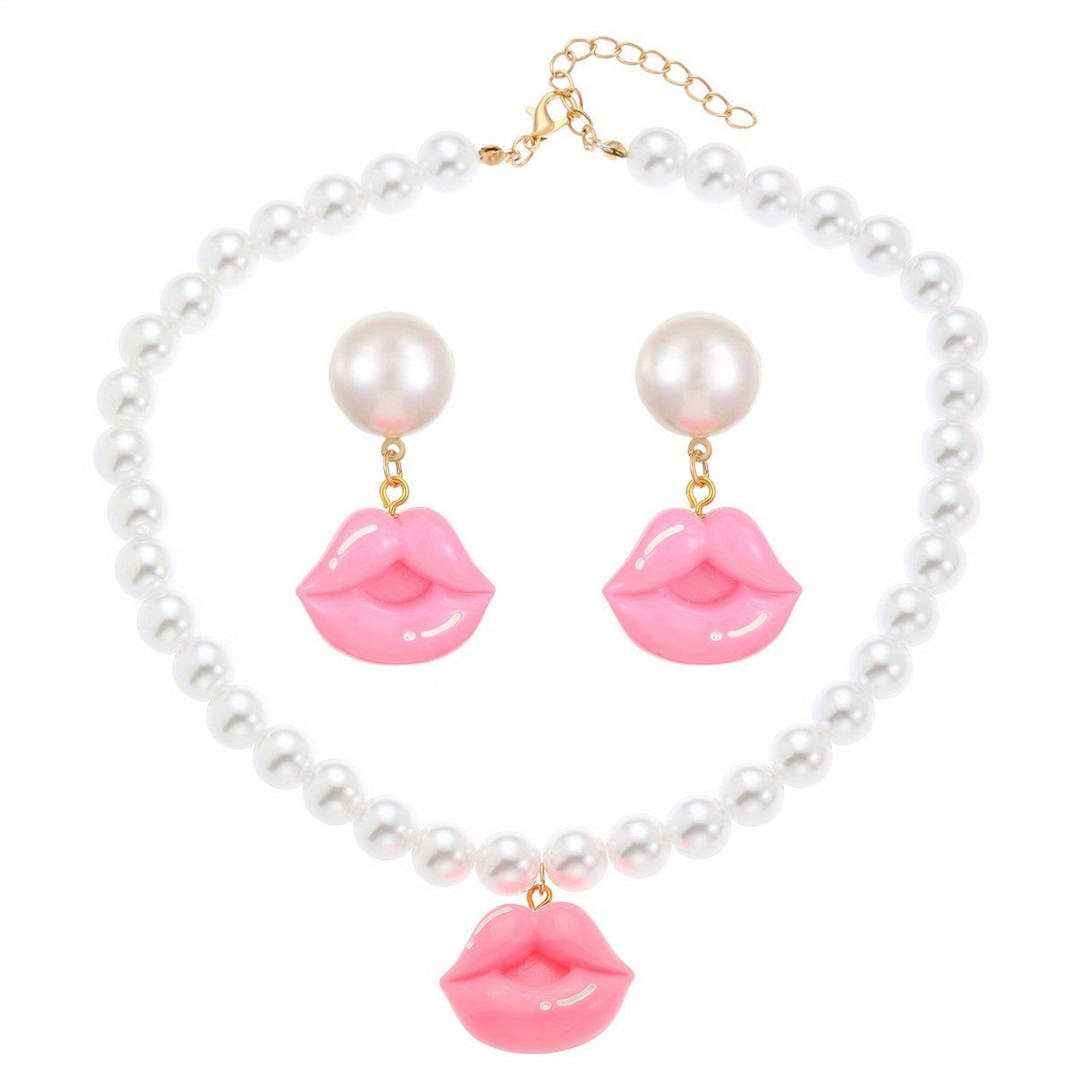 Pink Lips Pearl Necklace & Earring Set