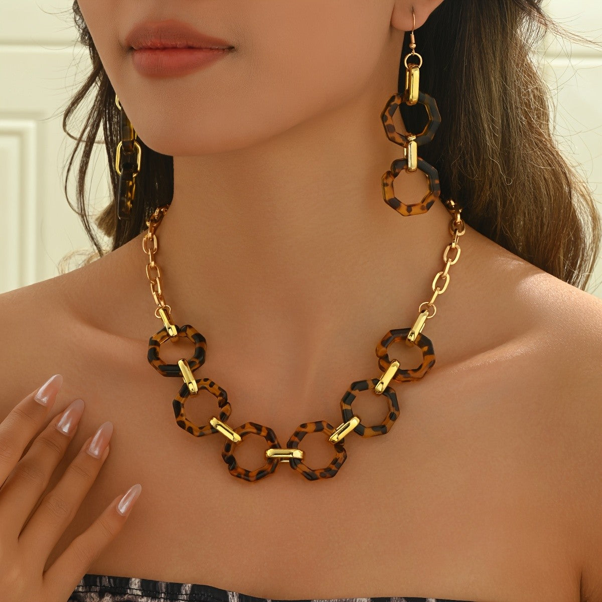 Leopard Geometric Necklace & Earring Set
