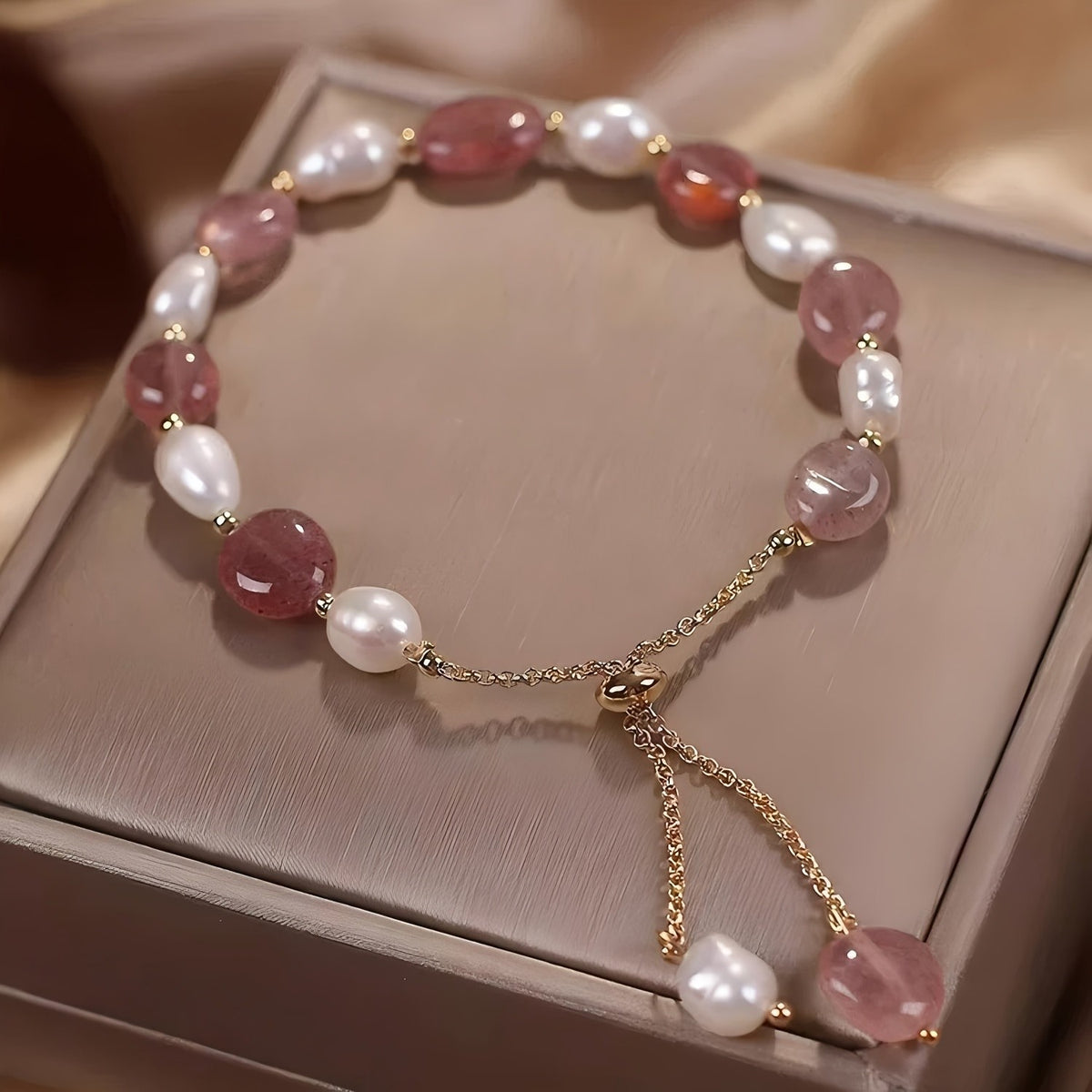 Pink Stone & Pearl Adjustable Bracelet