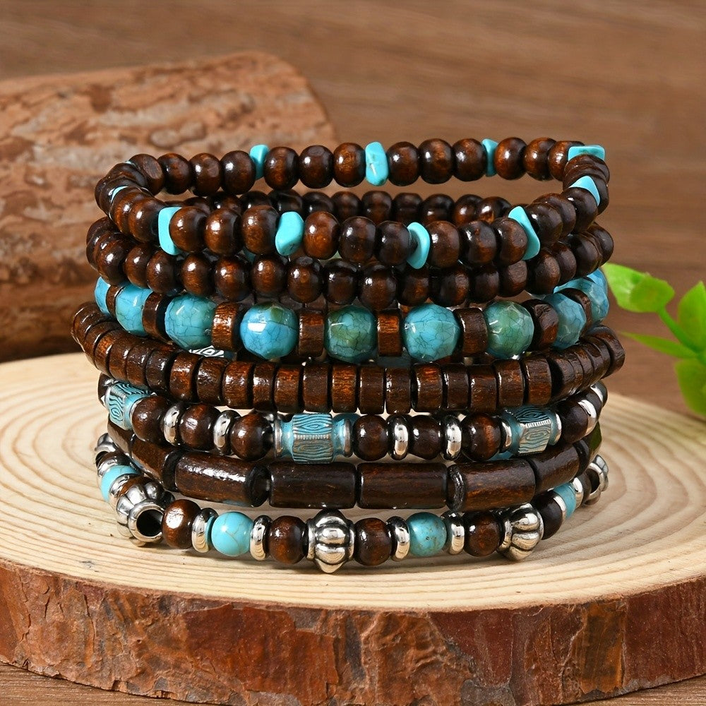 Wood & Turquoise Bead Bracelet Set