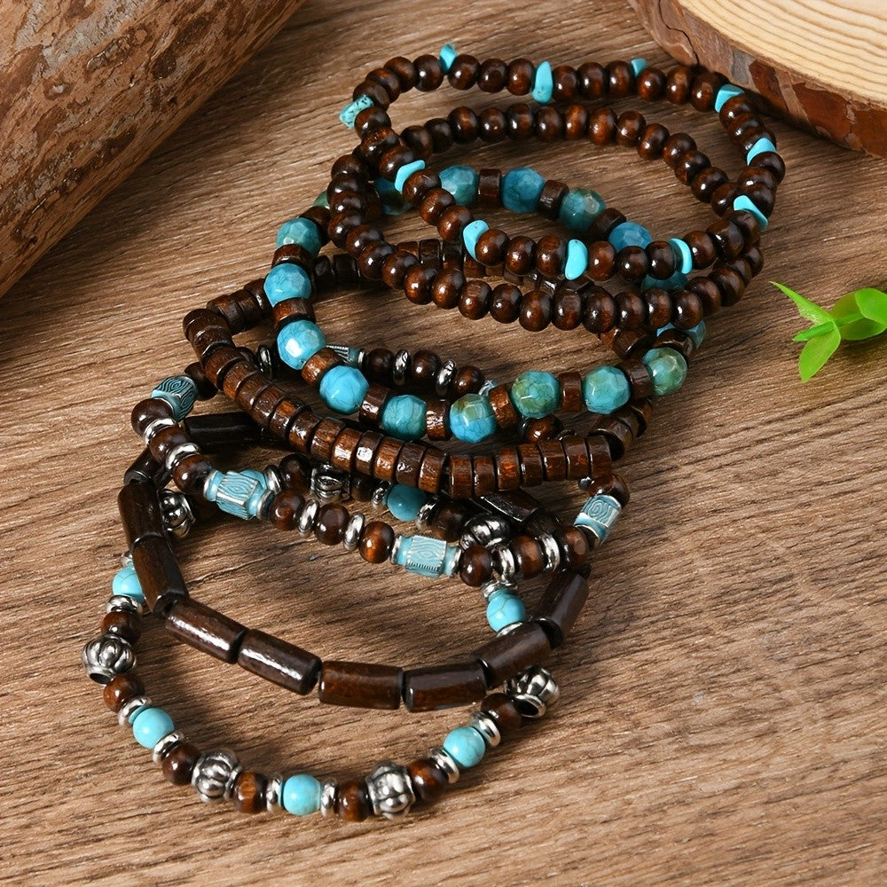 Wood & Turquoise Bead Bracelet Set