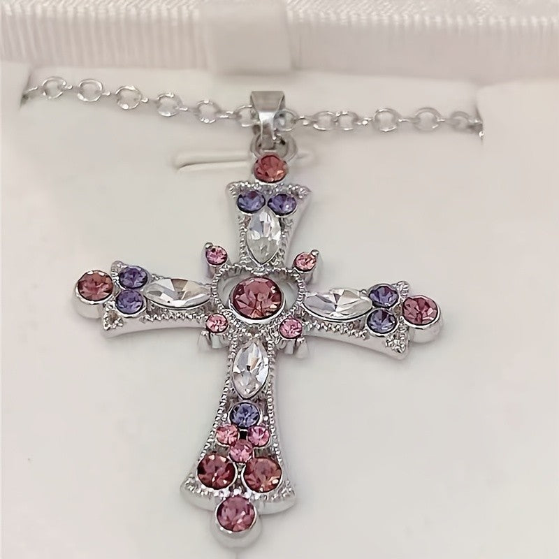 Pink & Purple Crystal Cross Necklace