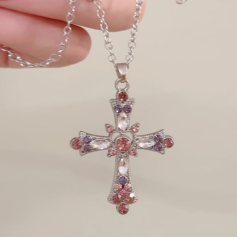Pink & Purple Crystal Cross Necklace