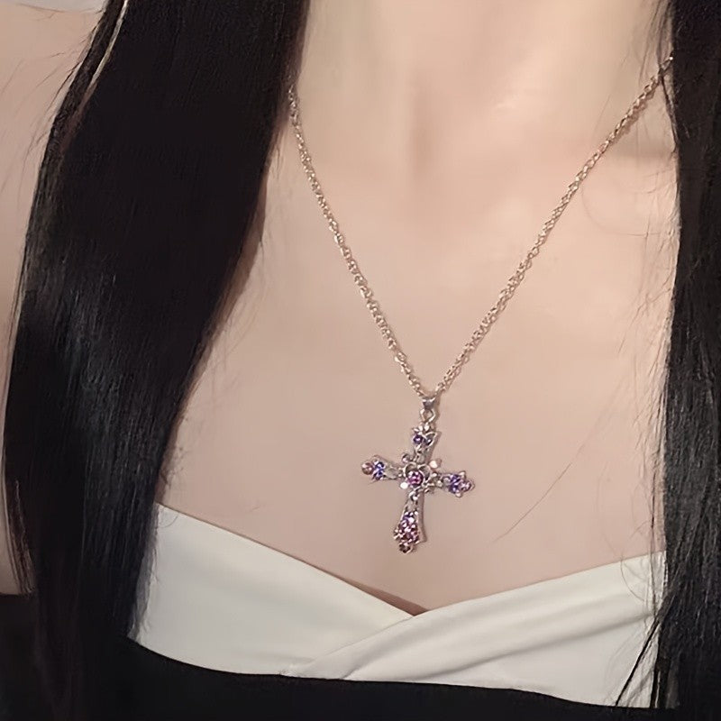 Pink & Purple Crystal Cross Necklace