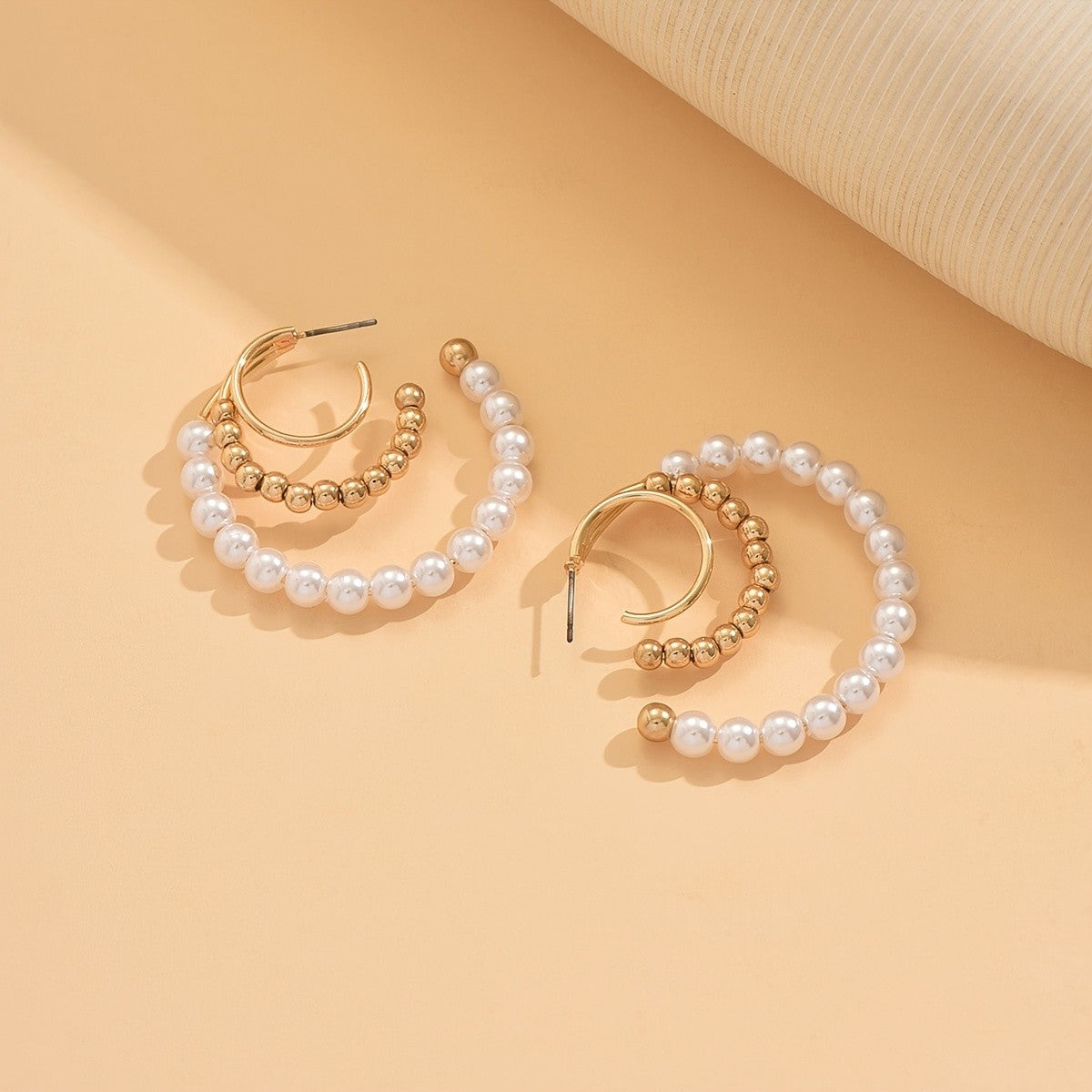 C-Shaped Pearl & Gold Bead Earrings