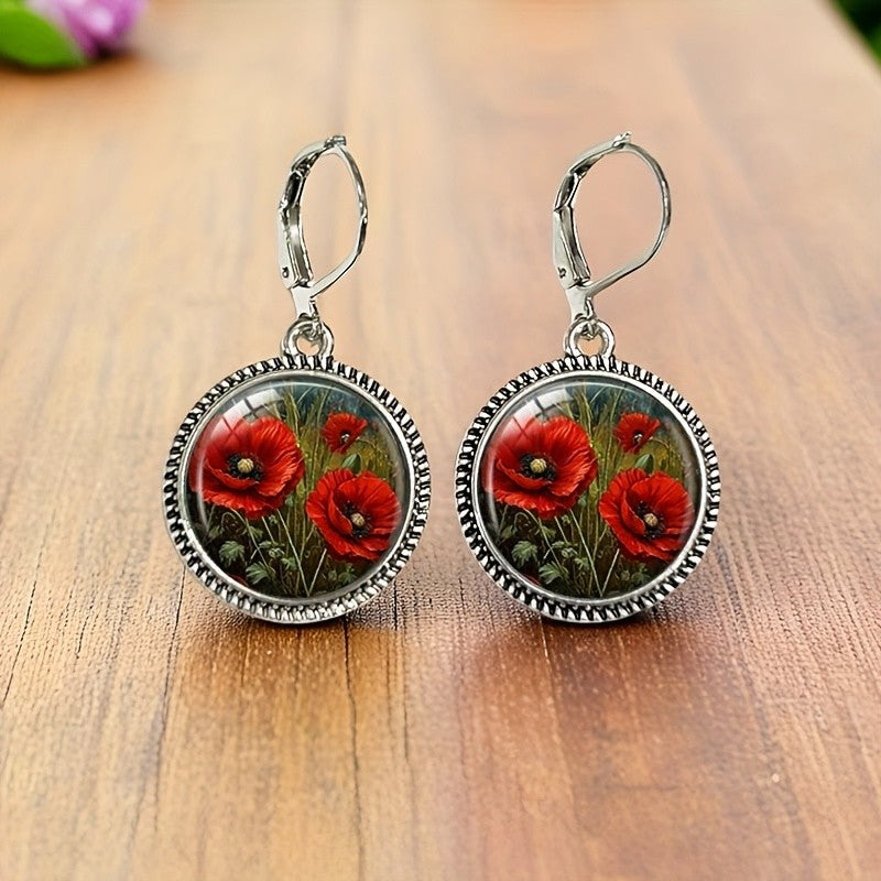 Red Poppy Round Dangle Earrings