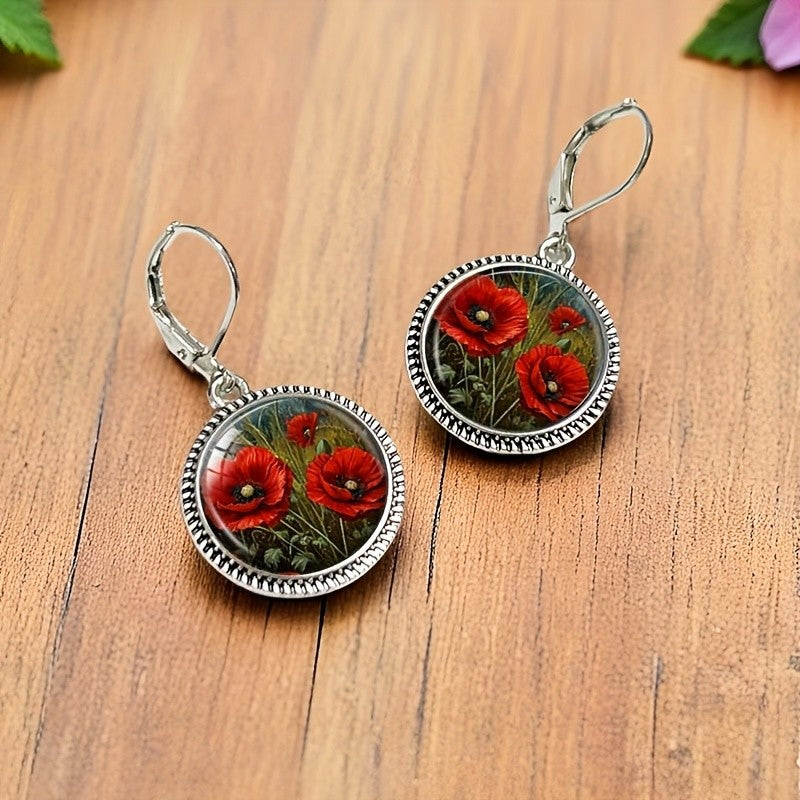 Red Poppy Round Dangle Earrings