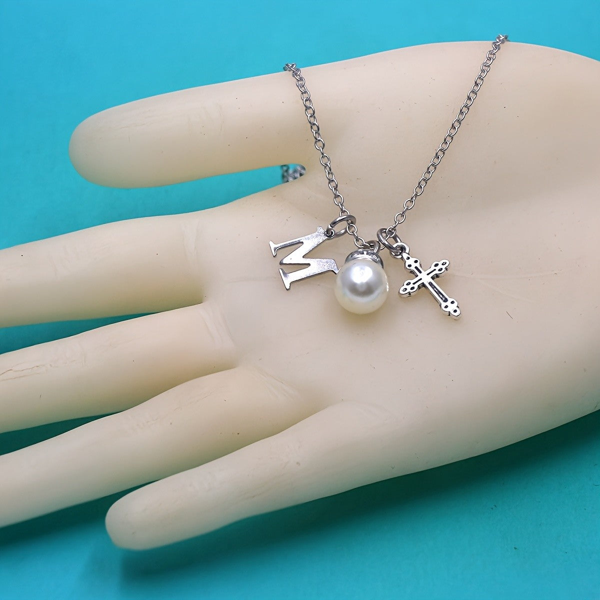 Initial Pearl & Cross Charm Necklace