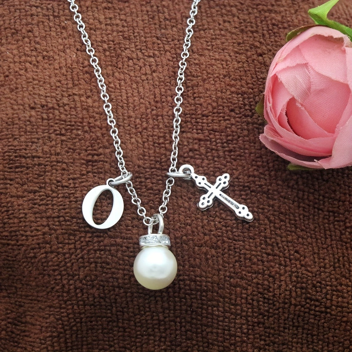 Initial Pearl & Cross Charm Necklace
