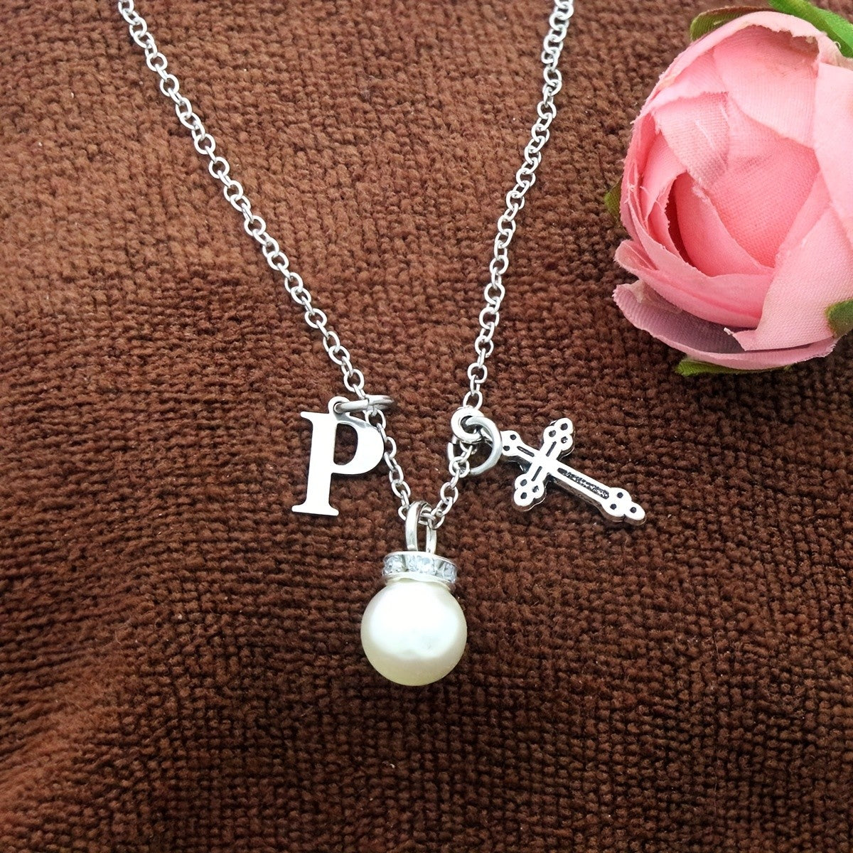 Initial Pearl & Cross Charm Necklace