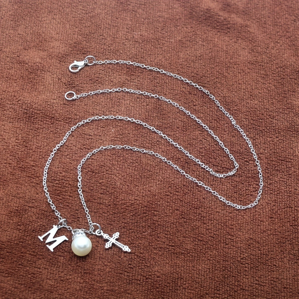 Initial Pearl & Cross Charm Necklace
