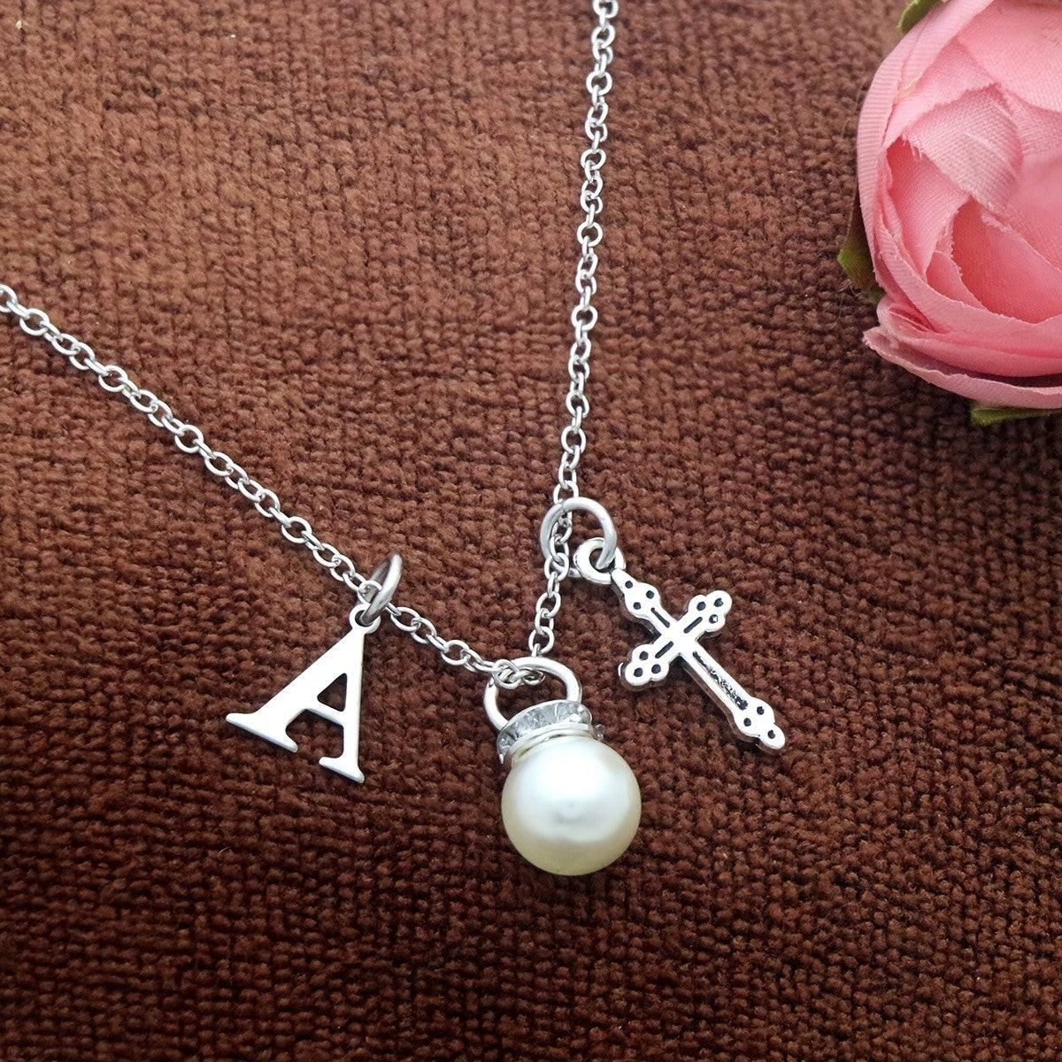 Initial Pearl & Cross Charm Necklace