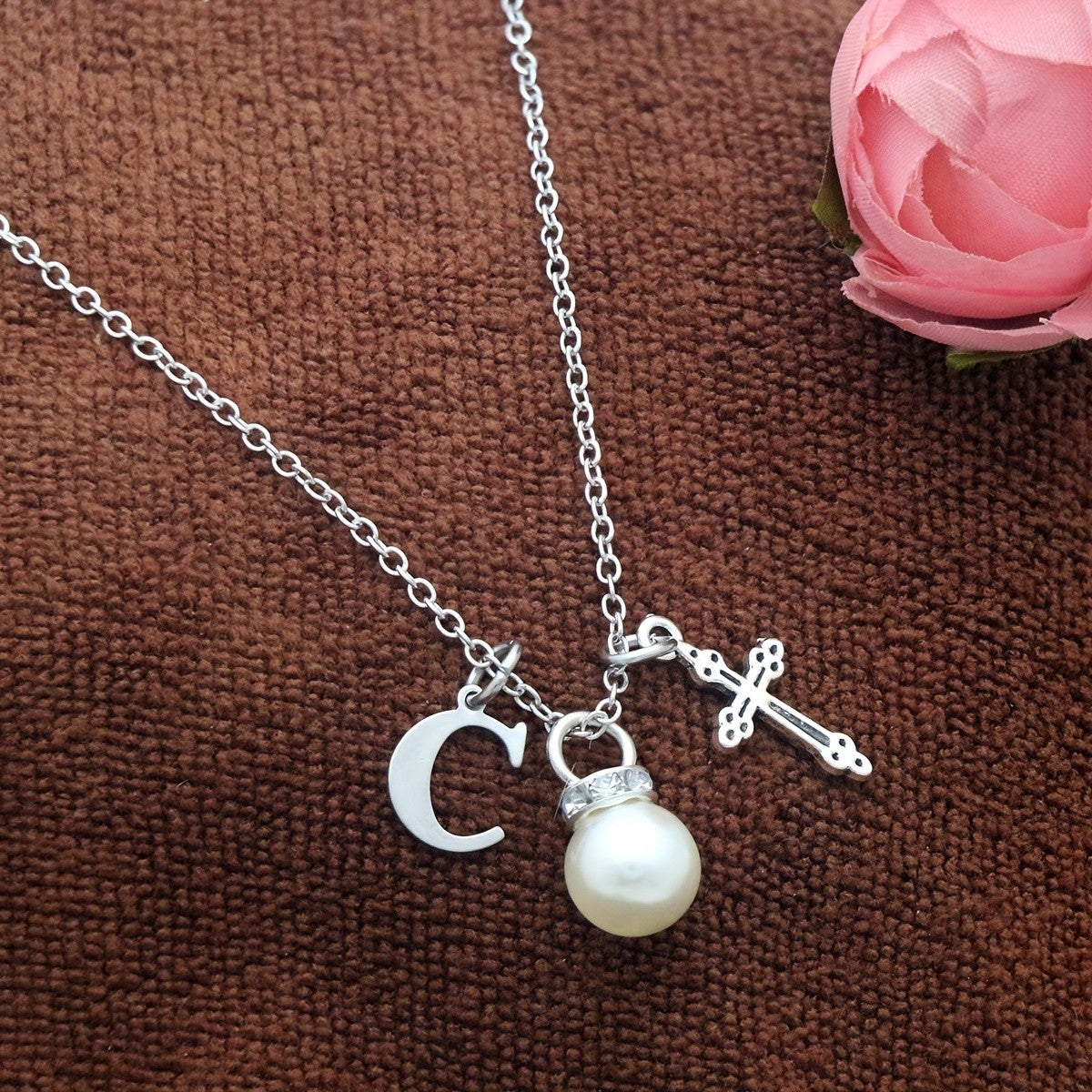 Initial Pearl & Cross Charm Necklace