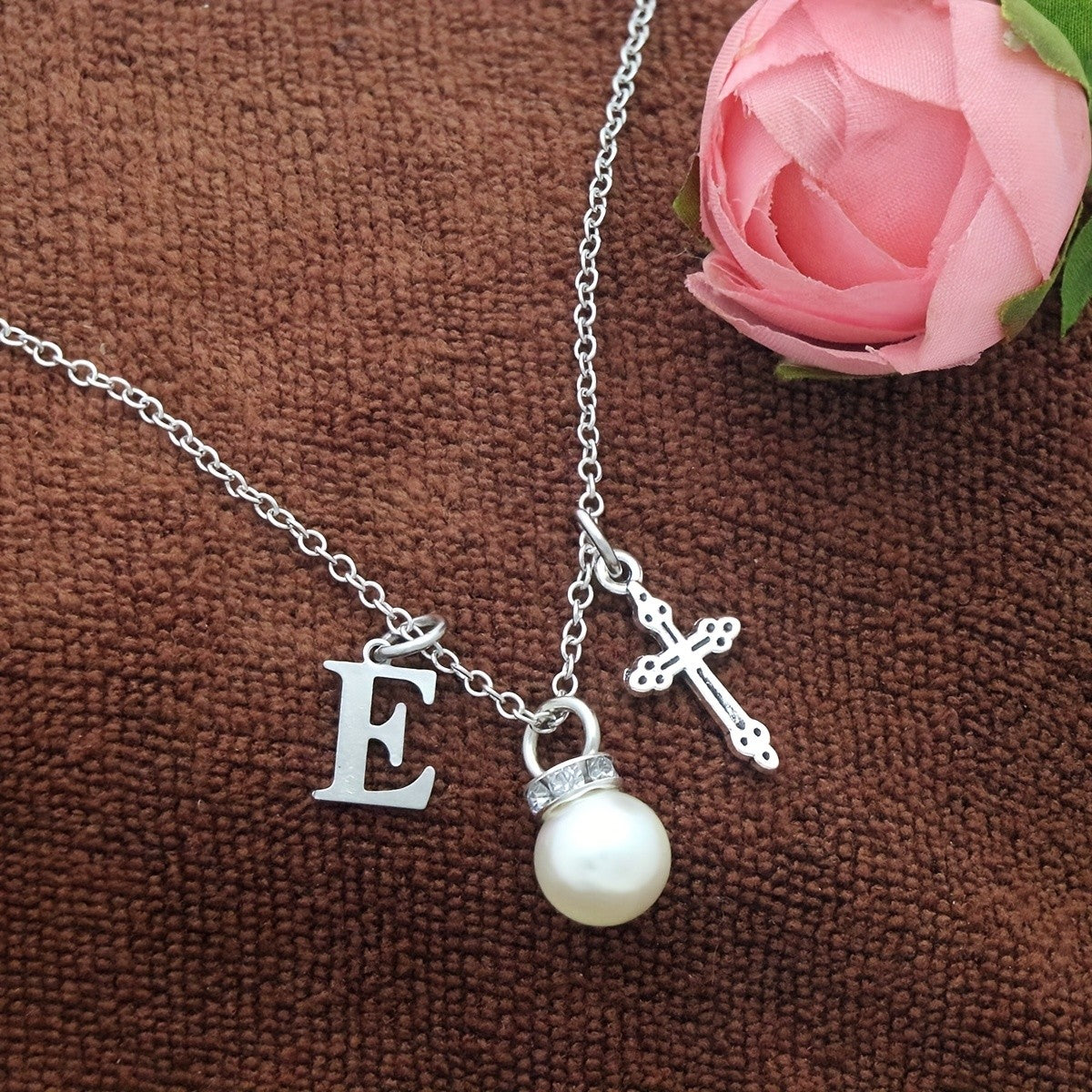 Initial Pearl & Cross Charm Necklace