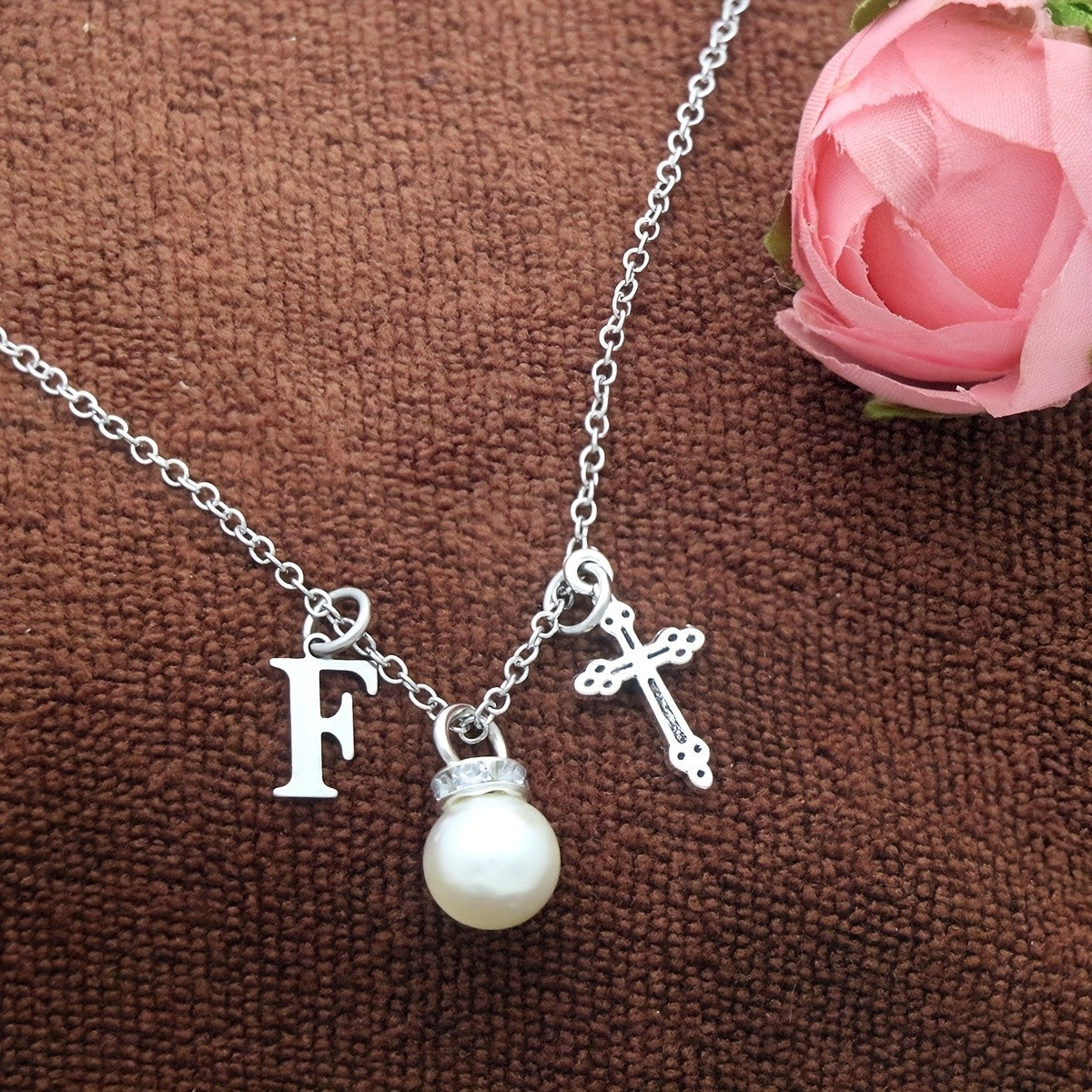 Initial Pearl & Cross Charm Necklace