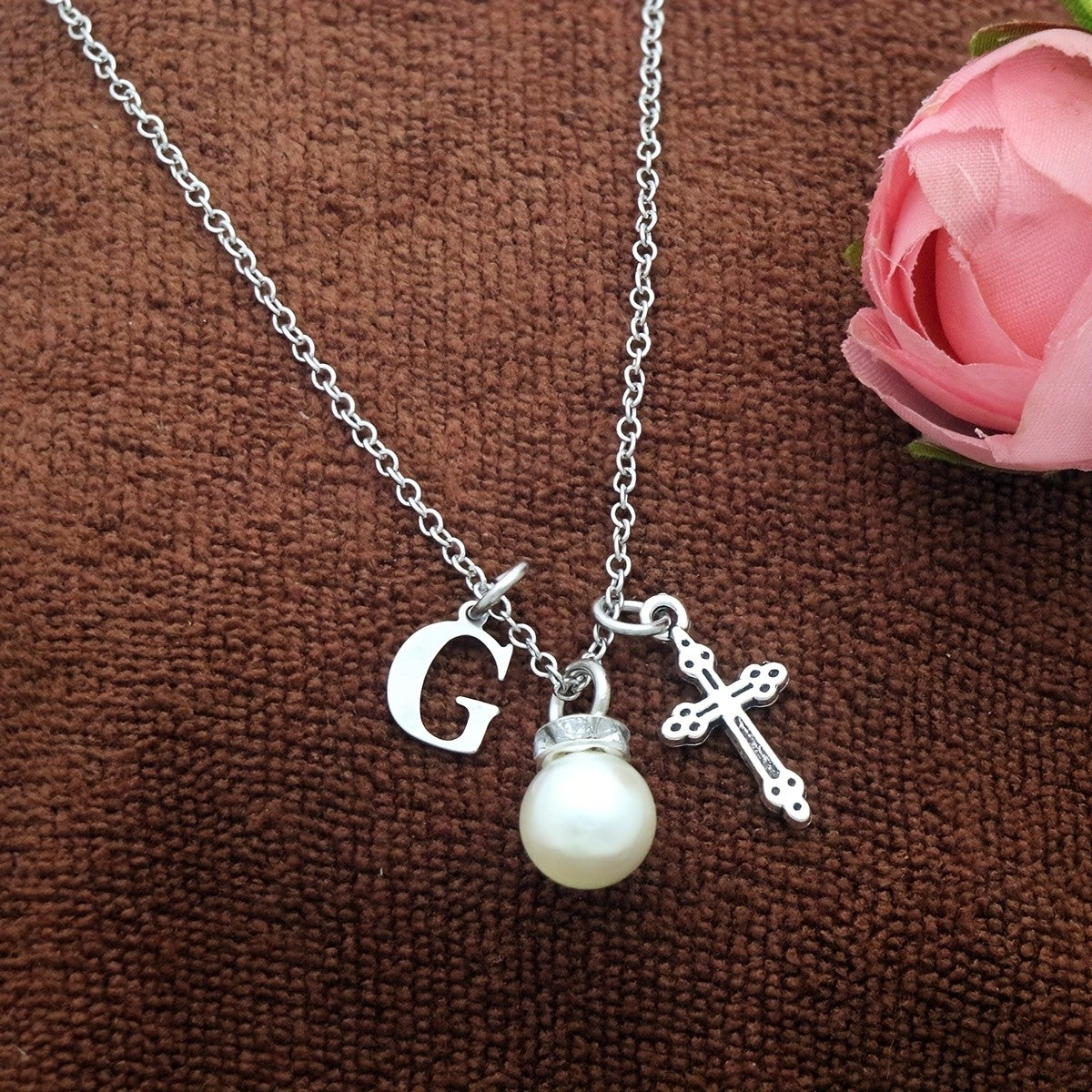 Initial Pearl & Cross Charm Necklace