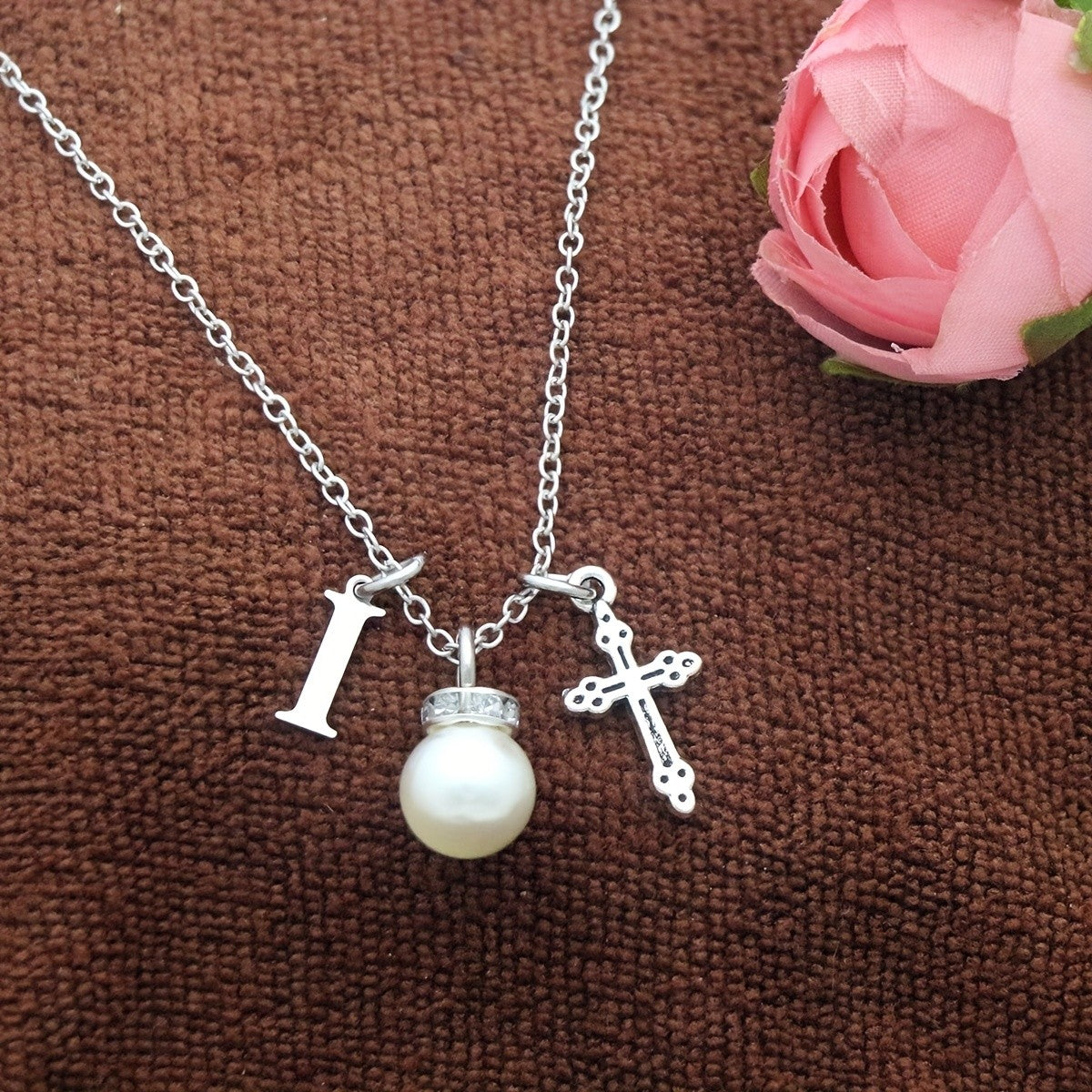 Initial Pearl & Cross Charm Necklace