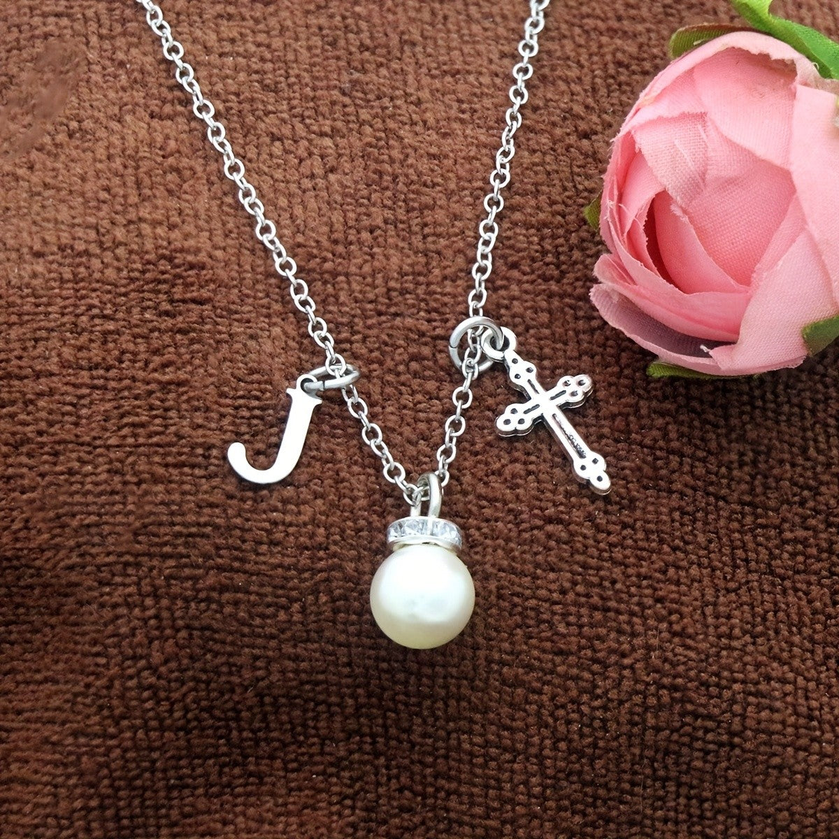 Initial Pearl & Cross Charm Necklace