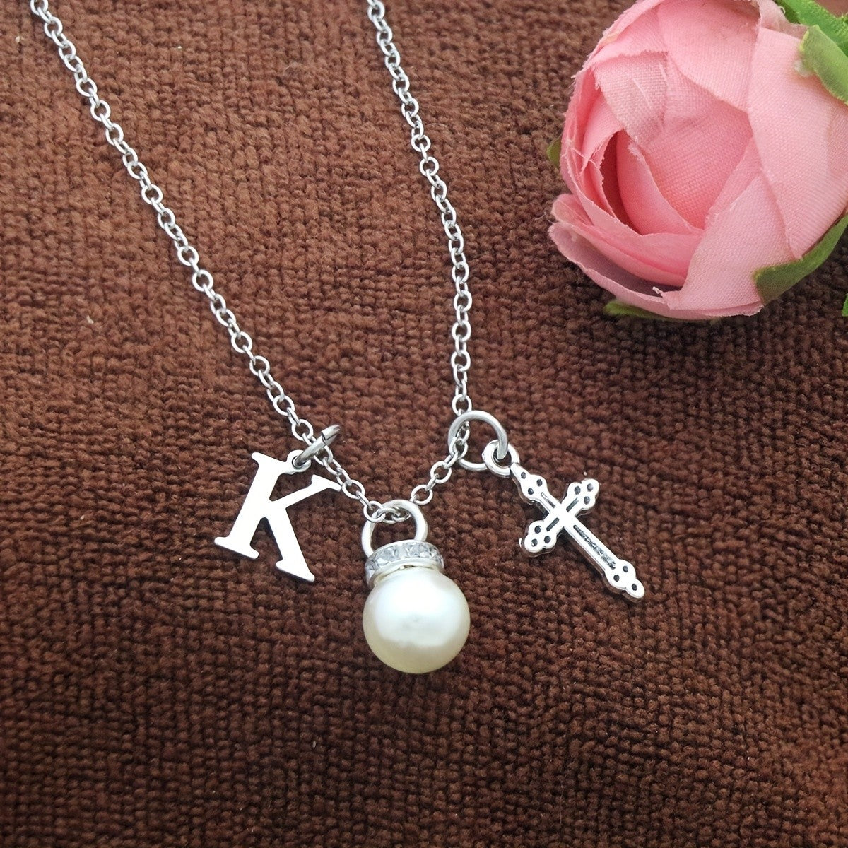 Initial Pearl & Cross Charm Necklace