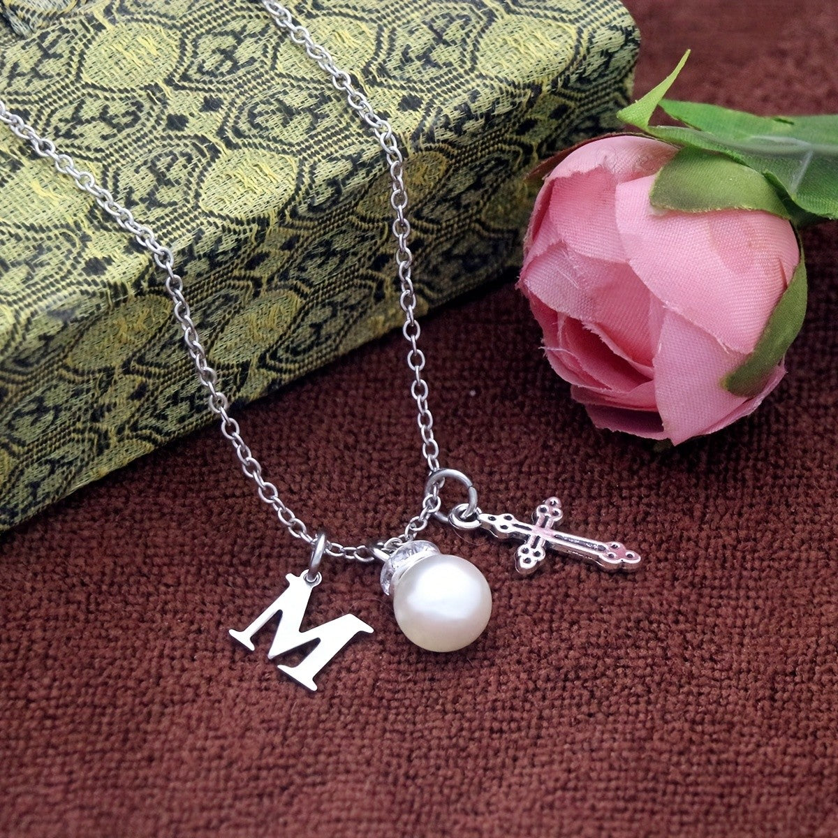 Initial Pearl & Cross Charm Necklace
