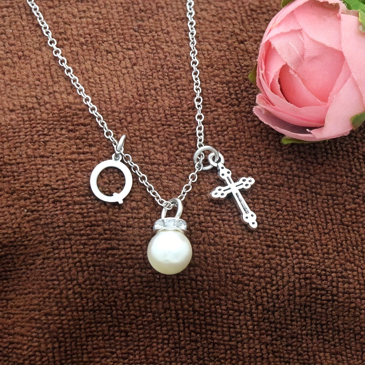Initial Pearl & Cross Charm Necklace