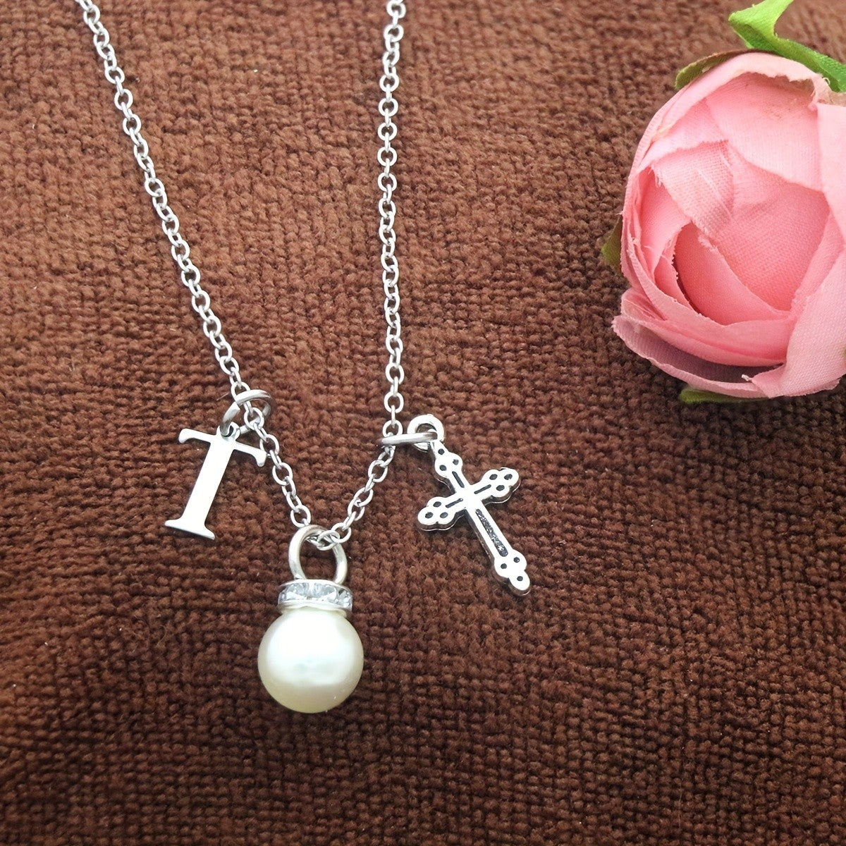 Initial Pearl & Cross Charm Necklace