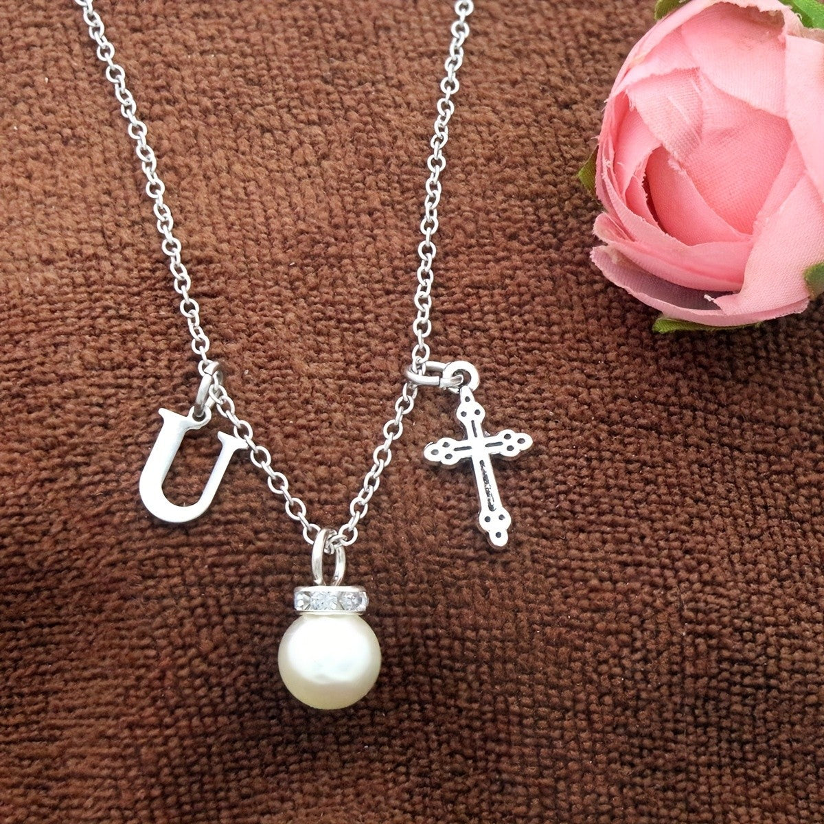 Initial Pearl & Cross Charm Necklace