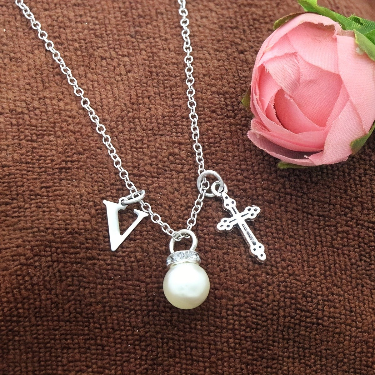 Initial Pearl & Cross Charm Necklace