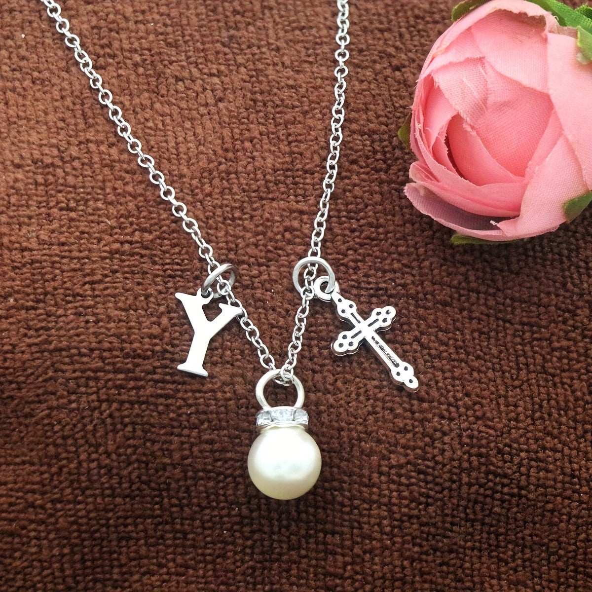 Initial Pearl & Cross Charm Necklace