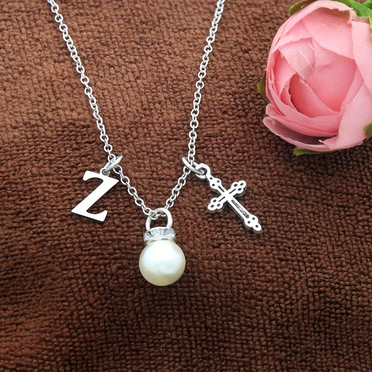 Initial Pearl & Cross Charm Necklace