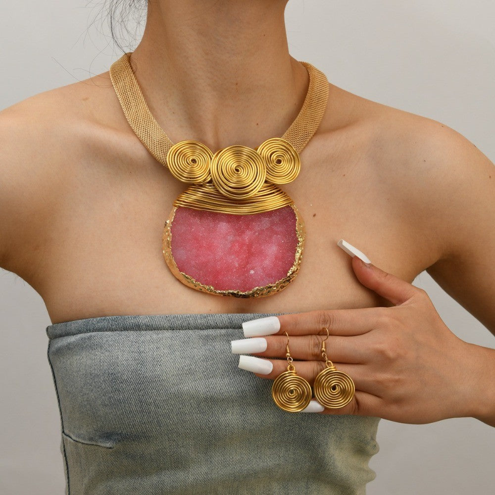 Pink Stone Spiral Necklace Set
