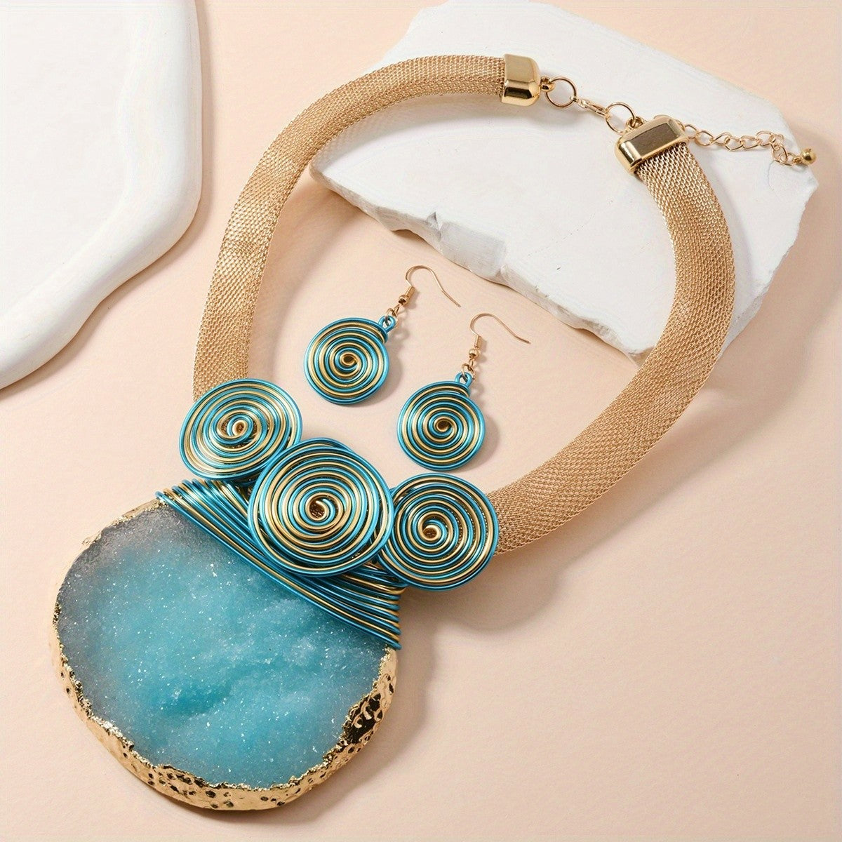 Pink Stone Spiral Necklace Set