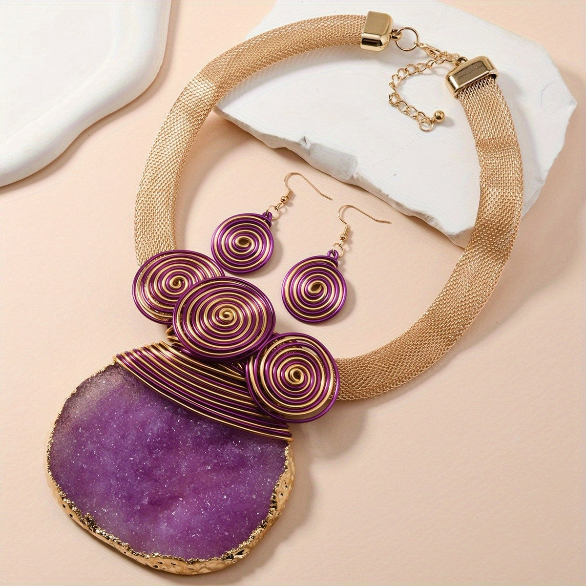 Pink Stone Spiral Necklace Set