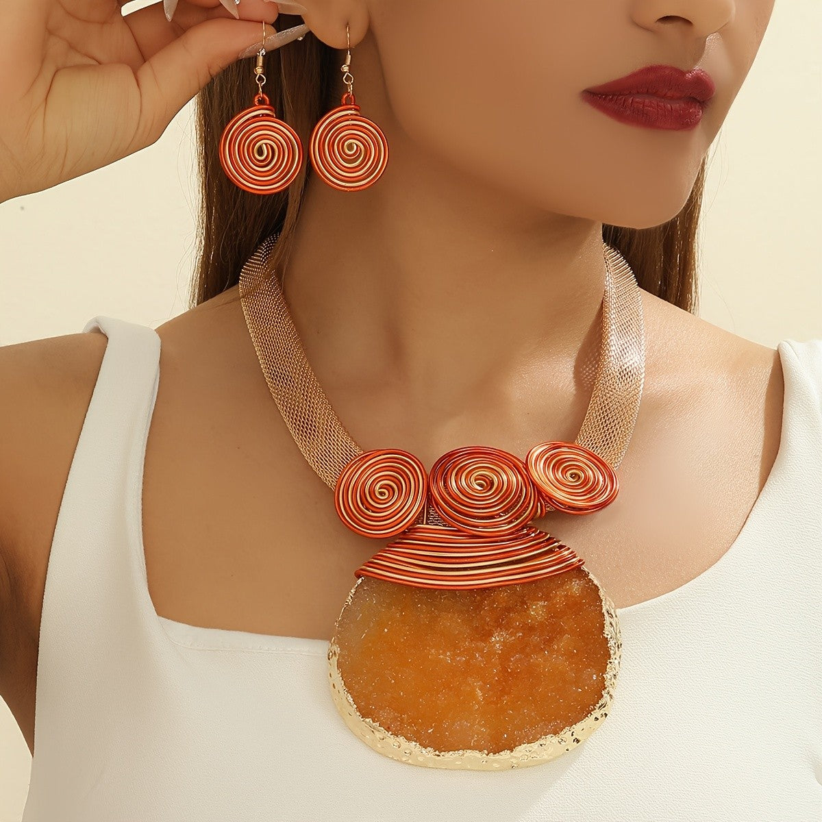 Pink Stone Spiral Necklace Set